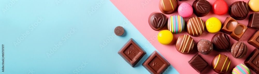 Obraz premium Sweet Temptations - Minimalist Arrangement of Assorted Chocolate Candies on Pastel Background