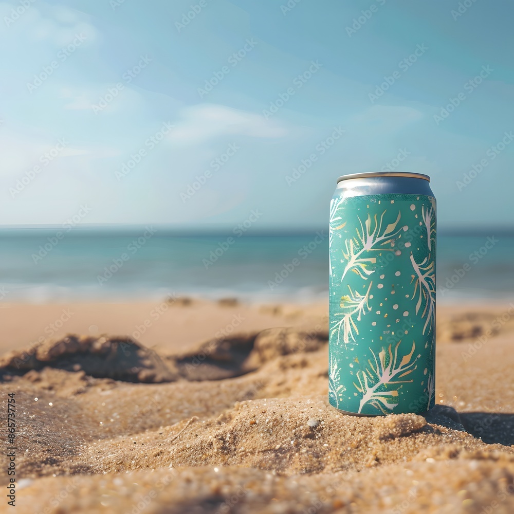 Aluminum can with nature design on the beach. Summer drink with tropical vibes and design. Aluminum can with nature design on the beach. Summer drink with tropical vibes and design.