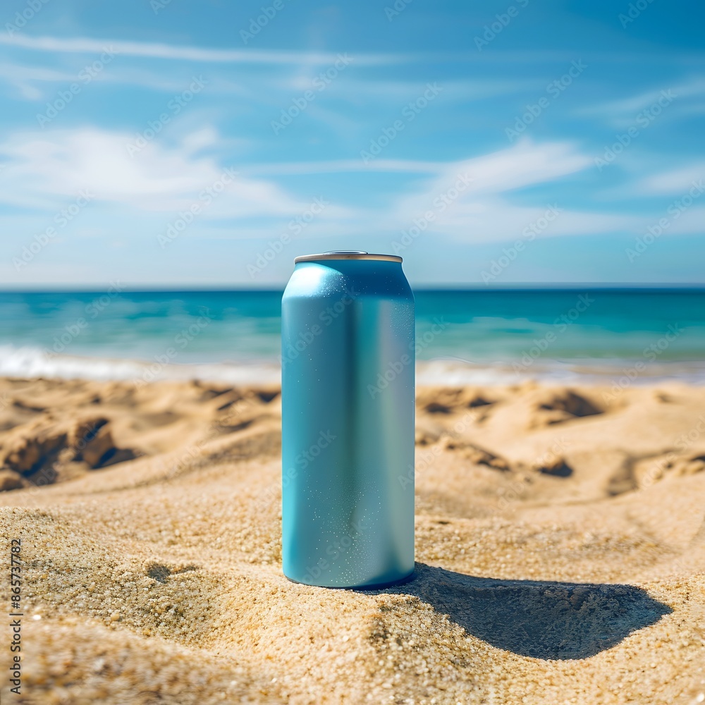 Blue aluminum can on a sandy beach with ocean in the background. Concept of summer drinks, refreshment, beach vacations, and outdoor enjoyment. Blue aluminum can on a sandy beach with ocean in the background. Concept of summer drinks, refreshment, beach vacations, and outdoor enjoyment.
