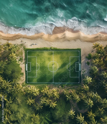 Aerial View of a Soccer Field Near a Tropical Beach