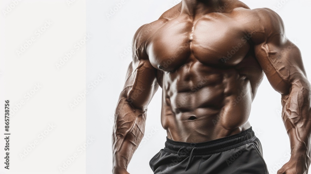 Fototapeta premium Muscular man displaying physique on white background.