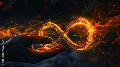 The concept of unlimited Internet. Hand shows the sign of infinity in the sun.