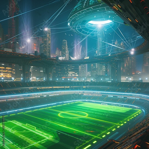 Futuristic Nighttime Soccer Stadium in a Cityscape With Illuminated Field and Suspended Structure