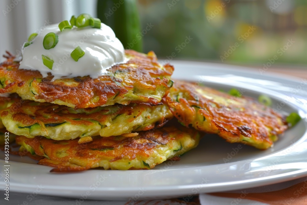 Zucchini fritters with fresh cream topping Zucchini fritters with fresh cream topping