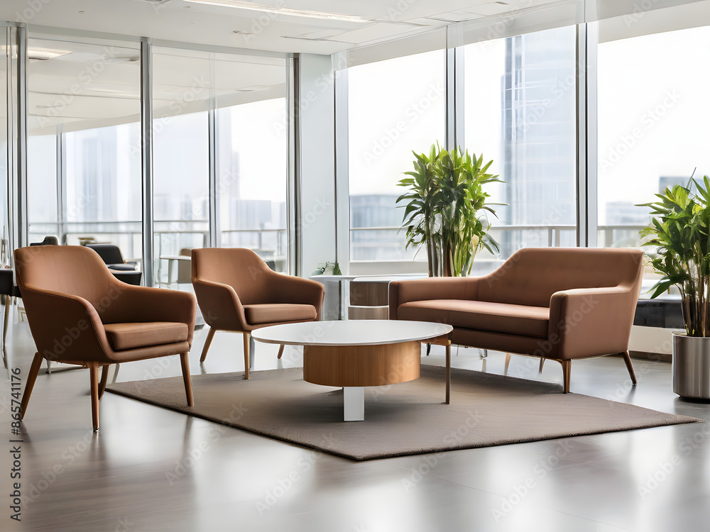 Fototapeta premium Empty Lounge Area with Tables and Chairs in a Modern Office Space After Hours