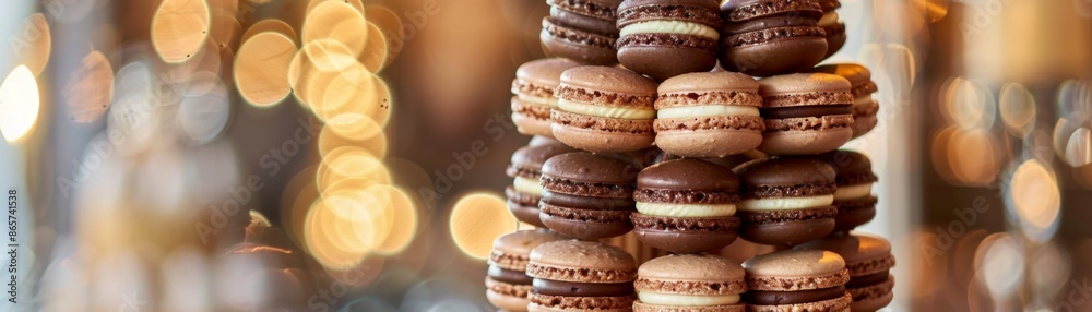 Tower of Elegance: Close-up of Chocolate-Covered Macarons Showcasing French Pastry Sophistication