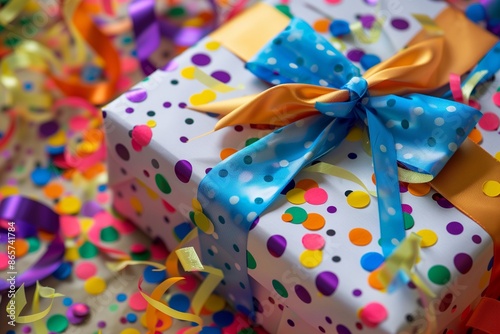 A close-up of a gift box wrapped in polka dot paper with a bow, surrounded by colorful confetti and ribbons.