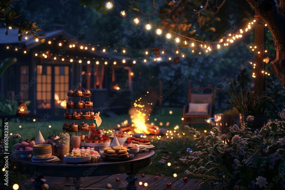 A festive night-time birthday party scene with string lights, a bonfire, and a table full of desserts, set in a cozy backyard. A festive night-time birthday party scene with string lights, a bonfire, and a table full of desserts, set in a cozy backyard.