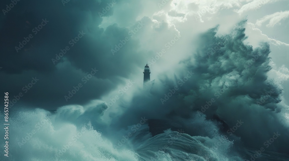 Naklejka premium Lighthouse during storm with huge wave crashing into it