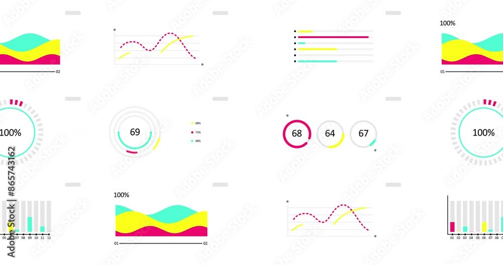 Animated Infographics set. Animation of seven different charts and graphs in bright color isolated on white background. High quality 4k motion design