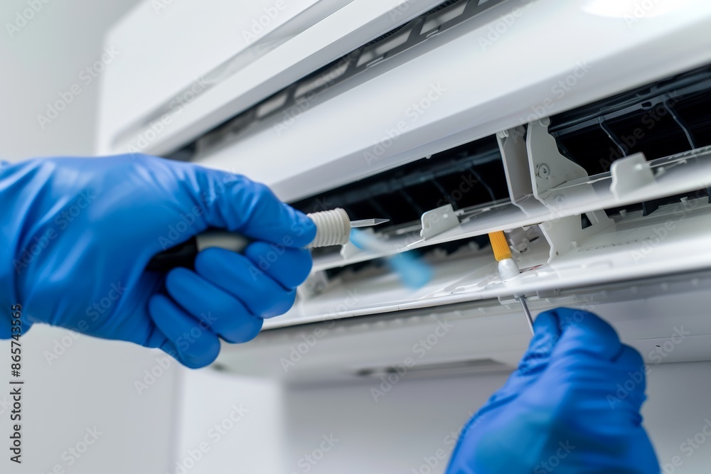 Naklejka premium Person in blue gloves cleans air conditioner with brush