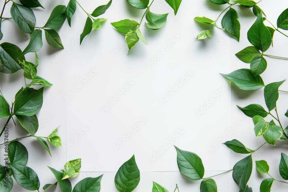 Naklejka premium Green leaves creating a border on a white background.