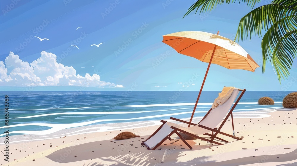 Sunny day at the beach featuring a relaxing setup with an orange beach umbrella and reclining chair, with the ocean, sandy shore, and palm trees in the background. Sunny day at the beach featuring a relaxing setup with an orange beach umbrella and reclining chair, with the ocean, sandy shore, and palm trees in the background.