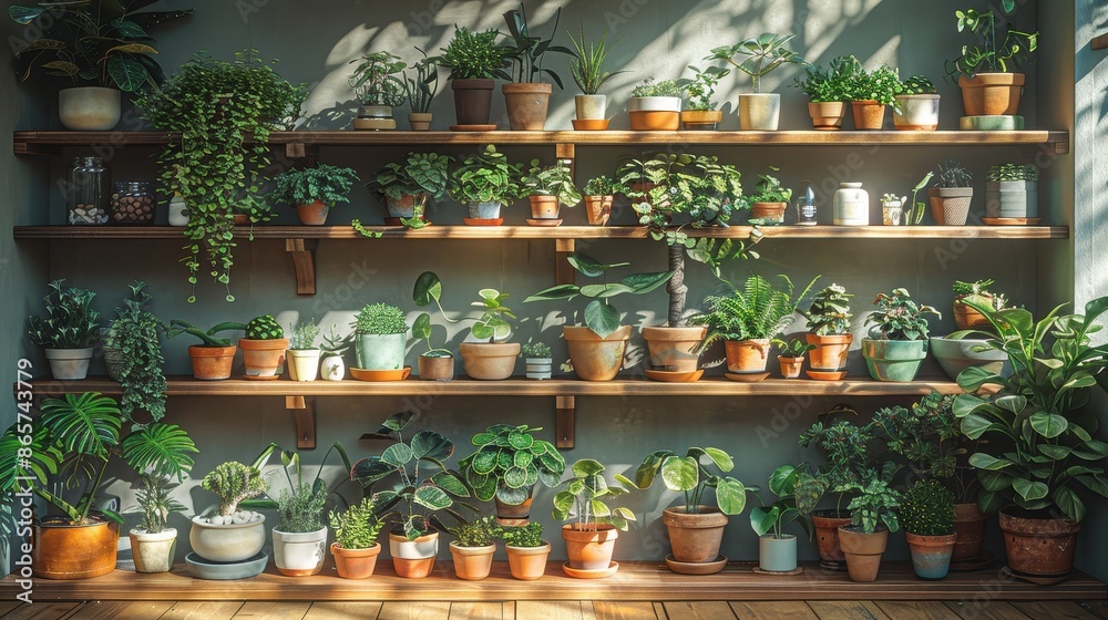 A well-organized assortment of potted indoor plants arranged on wooden shelves. The space receives ample natural light, creating a serene and lush environment. A well-organized assortment of potted indoor plants arranged on wooden shelves. The space receives ample natural light, creating a serene and lush environment.