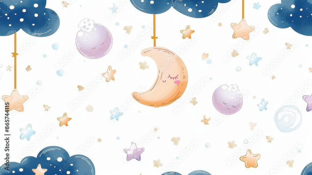 An enchanting night's sky illustration with a smiling crescent moon hanging among stars and clouds, capturing the serene beauty of a peaceful night, ideal for bedtime themes.