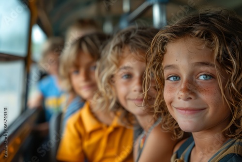 Group of students looking at the camera smiling while sitting inside a school bus © Lux Images