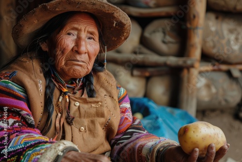 Old native american woman wearing authentic aymara clothes and showing fresh potato. photo