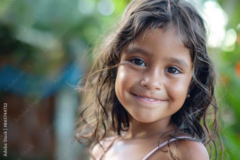 Fototapeta premium Pretty little latin girl smiling happily outside.