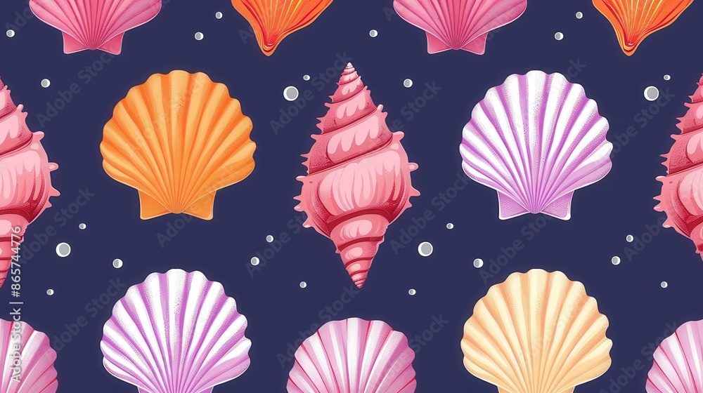 This image features an array of brightly colored seashells, including spiral and scallop types, arranged on a dark blue background, creating a striking and vibrant visual contrast. This image features an array of brightly colored seashells, including spiral and scallop types, arranged on a dark blue background, creating a striking and vibrant visual contrast.