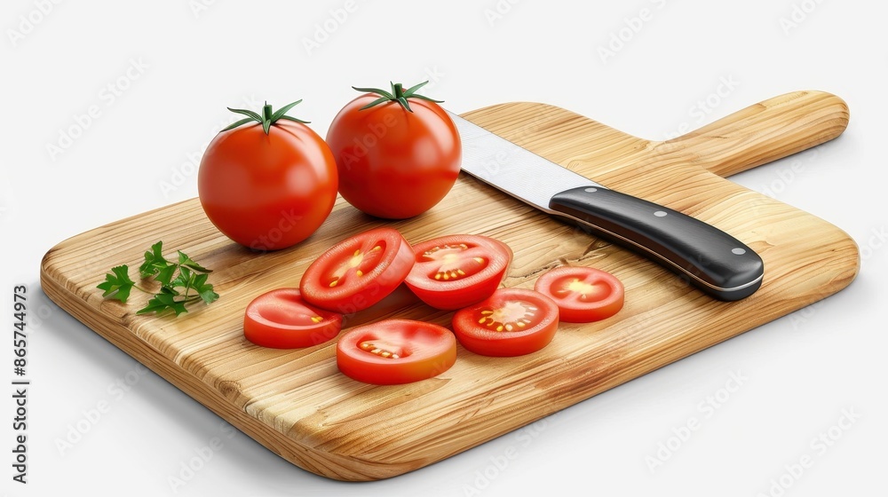 A close-up image of two whole tomatoes, tomato slices, and a knife arranged on a wooden cutting board with a small sprig of herbs, perfect for culinary or kitchen-themed projects. A close-up image of two whole tomatoes, tomato slices, and a knife arranged on a wooden cutting board with a small sprig of herbs, perfect for culinary or kitchen-themed projects.