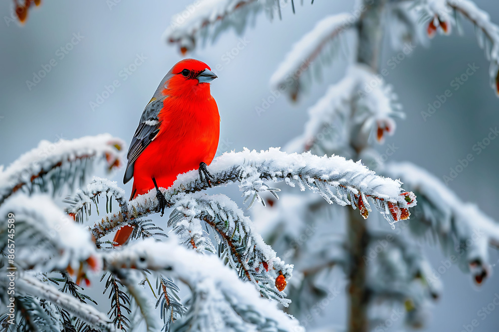 Nestled among frostcovered branch of cedar tree Appalachian Mountains