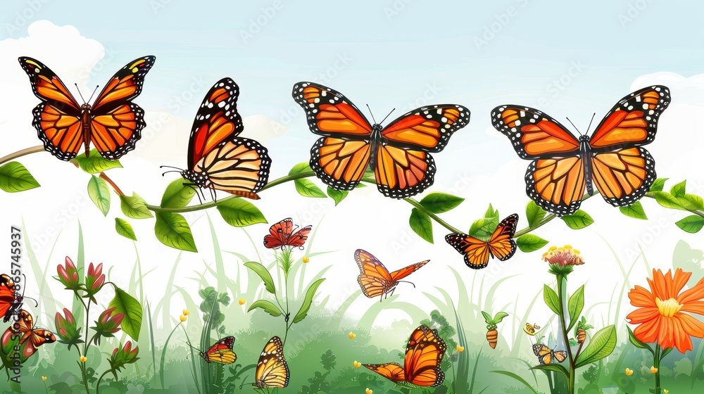 A lively depiction of orange and black butterflies fluttering among flowers in a summer garden, showcasing the vibrant beauty of nature's delicate creatures. A lively depiction of orange and black butterflies fluttering among flowers in a summer garden, showcasing the vibrant beauty of nature's delicate creatures.