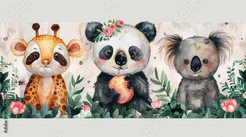 An adorable watercolor illustration of a giraffe, panda, and koala character, each with unique details, appealing to children and those who love cute animal art. photo