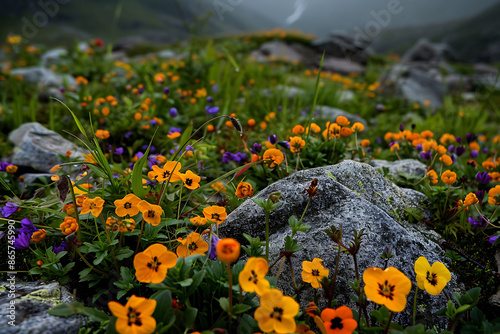 Nestled heart of Himalayas mystical Valley of Flowers India burst into bloom each summer kaleidoscope of vibrant color Blanketed rare alpine flower surrounded towering peak UNESCO World Heritage Site