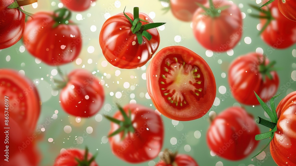 Image of fresh tomatoes floating in mid-air accompanied by water drops, emphasizing their juicy and vibrant nature, suitable for food and freshness themes. Image of fresh tomatoes floating in mid-air accompanied by water drops, emphasizing their juicy and vibrant nature, suitable for food and freshness themes.