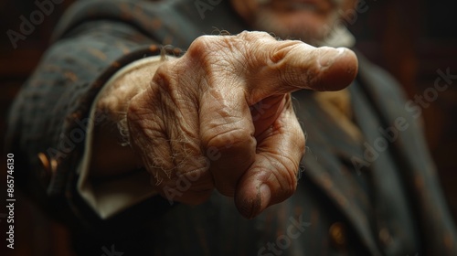 Close-up of an elderly man's hand pointing forward, selective focus. Concept of determination and focus