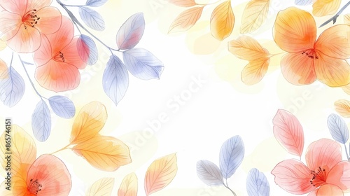 This image features vibrant colorful leaves interspersed with orange flowers, set against a light background, creating a harmonious and aesthetically pleasing visual representation.