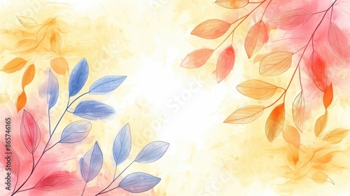 A mesmerizing autumn-inspired abstract watercolor painting showcasing a blend of pastel leaves in shades of pink, orange, and blue, creating a serene and calming vibe.