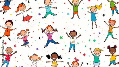 Whimsical cartoon illustration of happy children jumping among colorful stars and confetti, evoking joy, playfulness, and childhood in a vibrant, dynamic design.