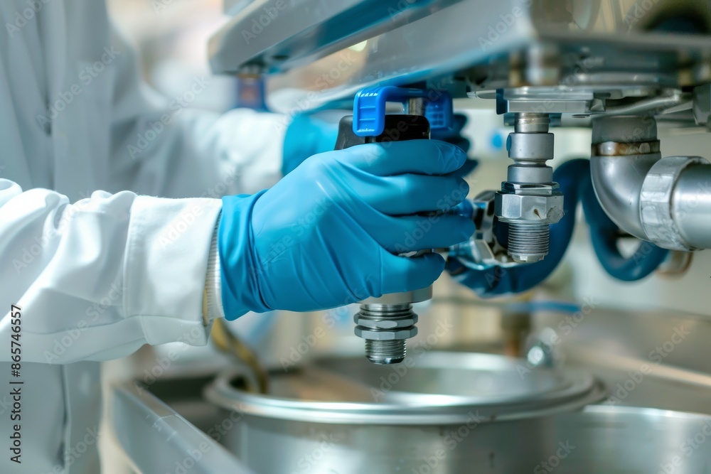 A person dressed in blue gloves is operating a machine