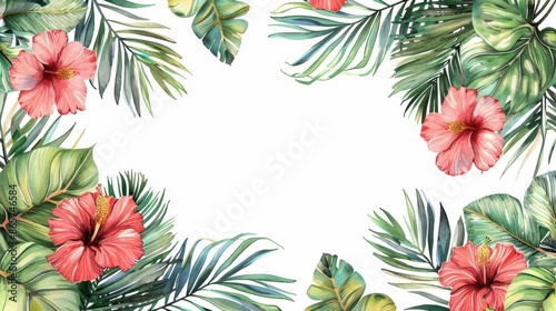 This image features a beautiful array of vibrant tropical leaves and flowers, showcasing various shades of green and pink, perfect for nature-themed designs and projects.