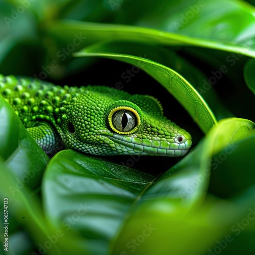 Close-up of a vibrant green gecko nestled among lush green leaves, showcasing its intricate skin patterns and striking eye. photo