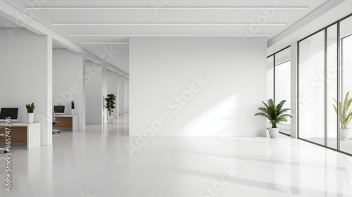 White open space office interior with blank wall