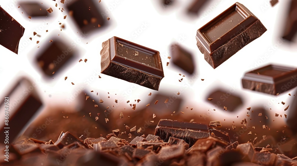 Rich chocolate bars and pieces falling and breaking apart, captured in mid-air, emphasizing the texture, flavor, and indulgence associated with fine chocolate. Rich chocolate bars and pieces falling and breaking apart, captured in mid-air, emphasizing the texture, flavor, and indulgence associated with fine chocolate.
