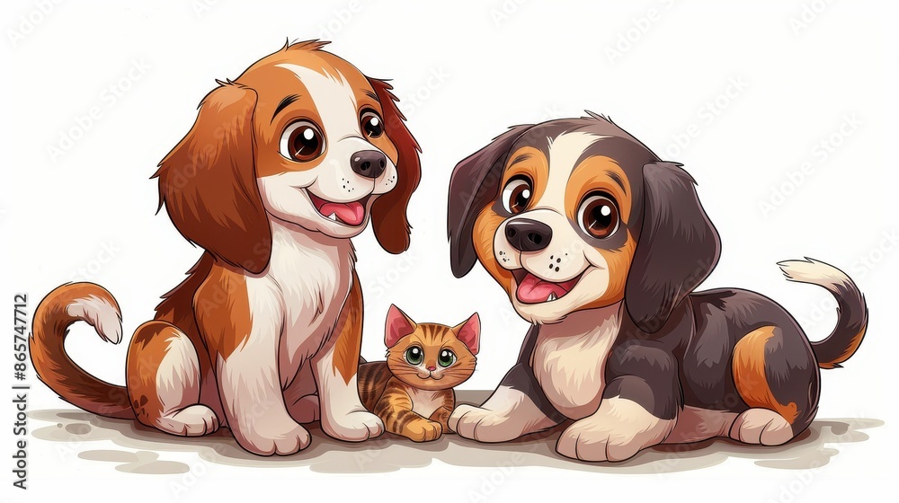 Illustration of a cute orange kitten sitting next to two puppies, creating a heartwarming scene of friendship and cuteness. The background is plain and white. Illustration of a cute orange kitten sitting next to two puppies, creating a heartwarming scene of friendship and cuteness. The background is plain and white.