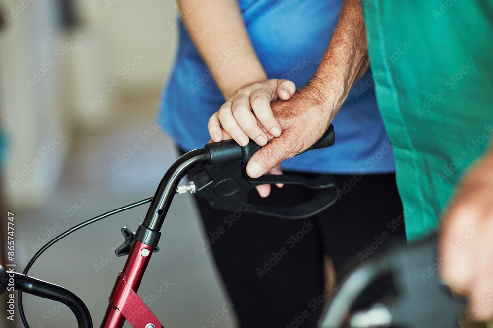 Obraz premium Nurse, elderly patient and hands with walker for retirement, homecare and support or wellness. Medical assistance, physiotherapy and rehabilitation from injury and person with disability in lounge