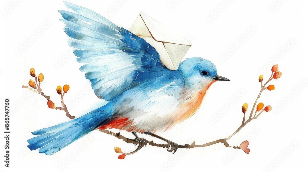A beautiful watercolor painting depicting a blue and white bird gracefully soaring with an envelope in its beak, set against a backdrop of delicate branches with budding flowers.