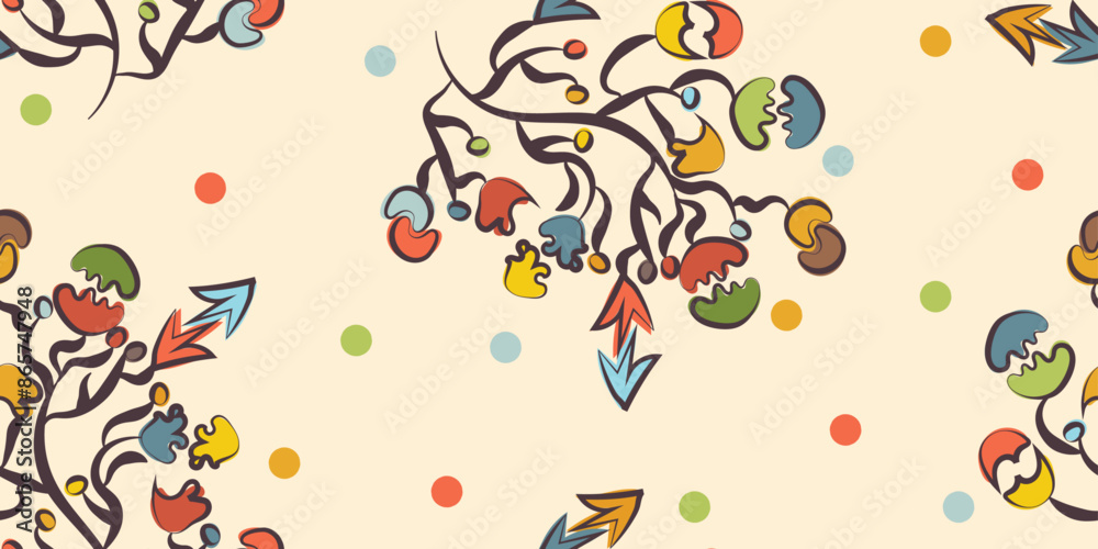 Fototapeta premium Colorful doodle seamless pattern with leaves, flowers, dots. Vector hand drawn multicolored illustration stained glass for business, wallpaper, wrapping, textile on beige background. Editable stroke 