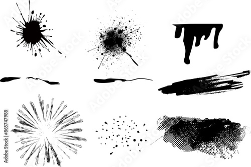 墨と飛び散り・ブラシ・集中線・飛沫の和風装飾イラスト素材セット