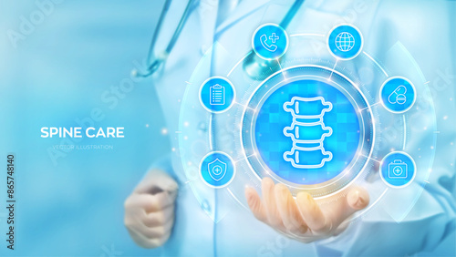 Spine care. Spine health. Back pain spine treatment, Physiotherapy, Diagnostics concept. Doctor holding in hand Spine icon and medical icons network connection on virtual screen. Vector illustration.
