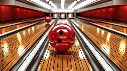 A red bowling ball rolling down a glossy, polished wooden bowling lane toward the pins, under dazzling lights, capturing the exciting moment of the bowling game. photo
