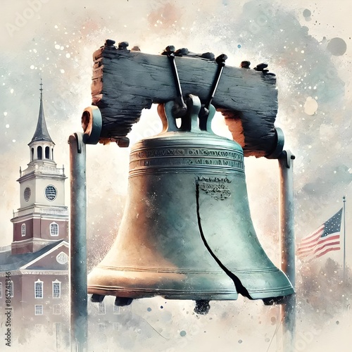 Liberty Bell For Patriot Day, Freedom Bell, Independence Day Illustration. Watercolor US Colors, Stars and Stripes Abstract Bell Design. Generative AI