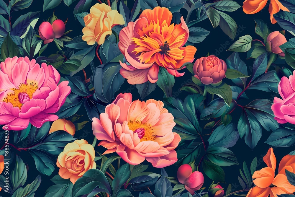 Vibrant Floral Pattern with Peonies and Roses Vibrant Floral Pattern with Peonies and Roses