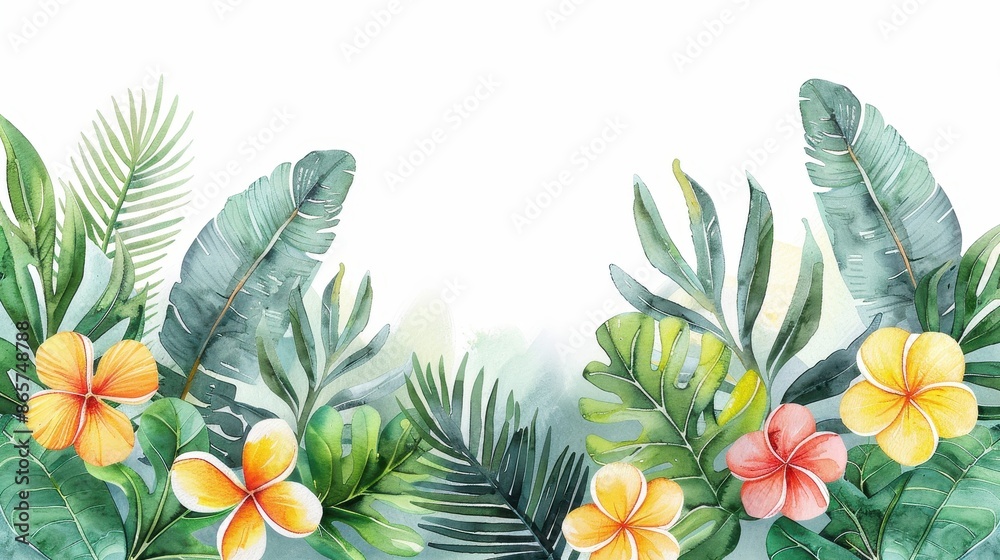 Naklejka premium An exotic tropical-themed frame brimming with green leaves and colorful flowers, ideal for vibrant projects that require a touch of nature and beauty.