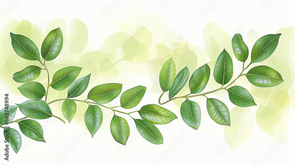 Naklejka premium An illustrated branch with vibrant leaves stretches across a light, airy background, ideal for conveying themes of growth, renewal, and nature's elegance in various projects.