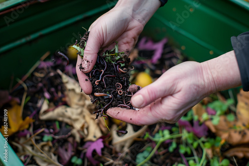 A hand holding worms wrapped in soil in a garden compost bin.